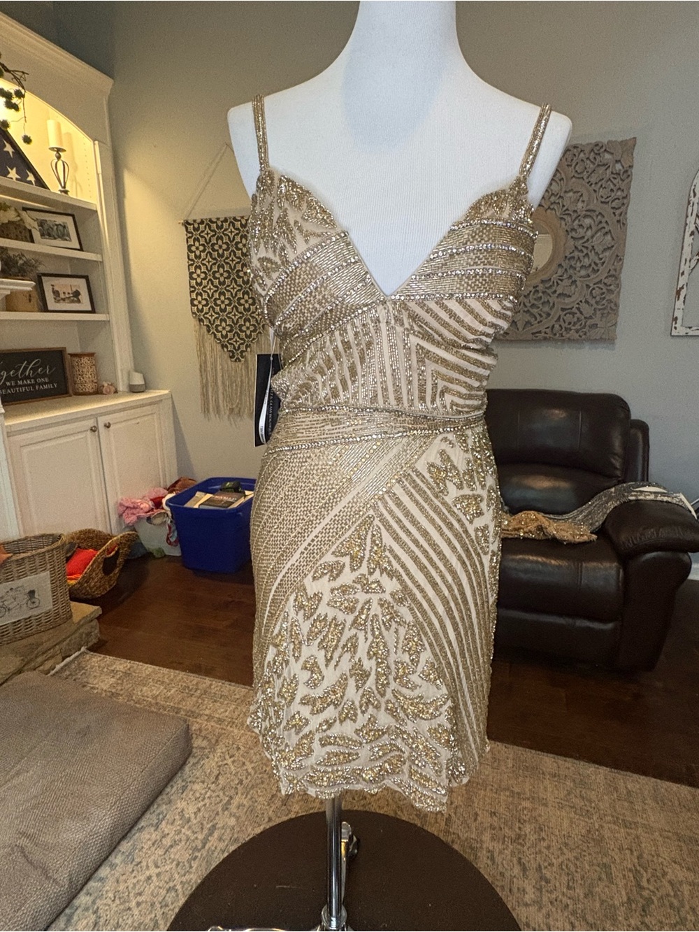 NWT Sherri Hill Gold Beaded V-Neck Cocktail Dress